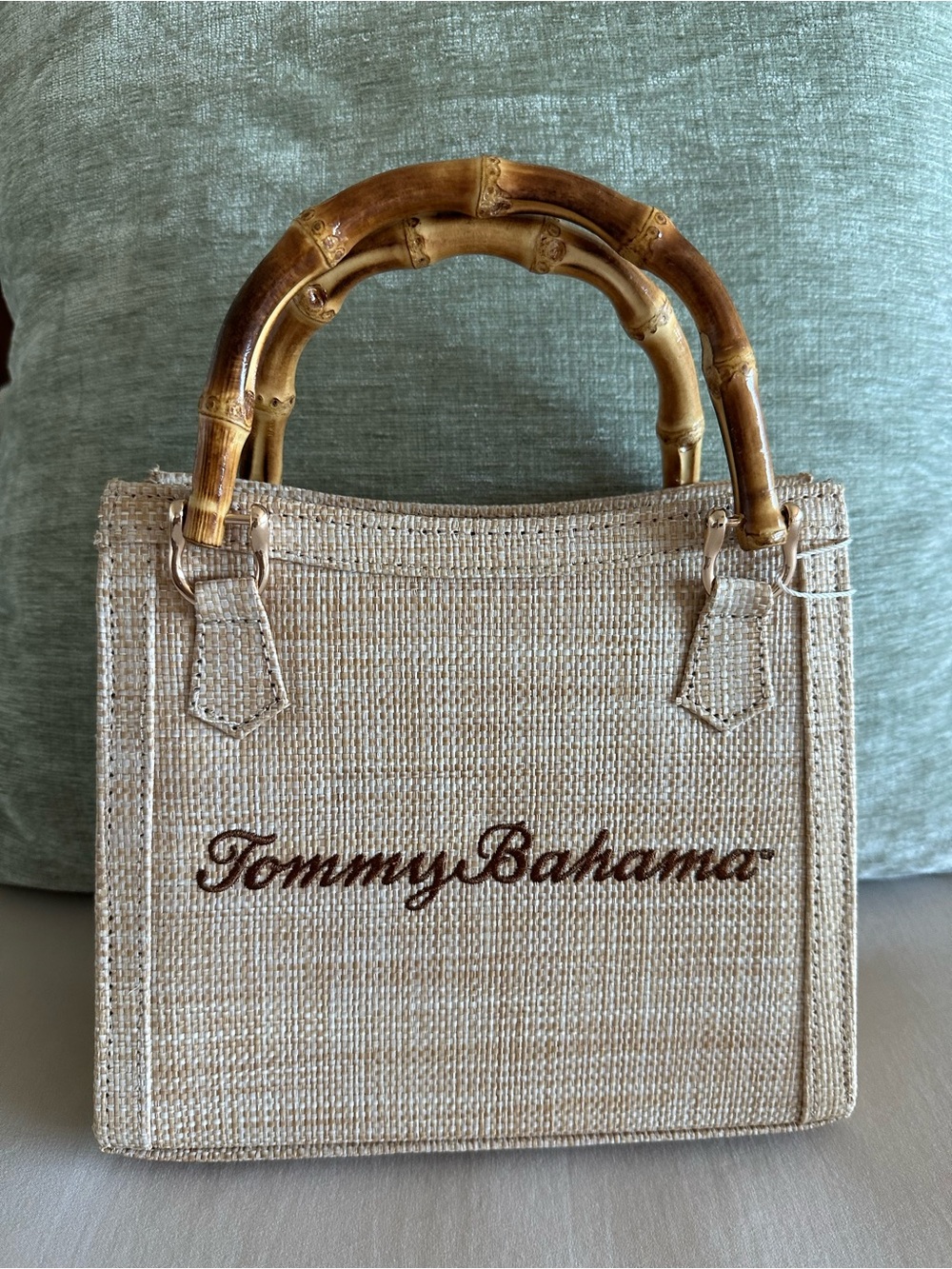 Tommy Bahama cream woven straw bag- mini tote bag, bamboo handle and gold chain